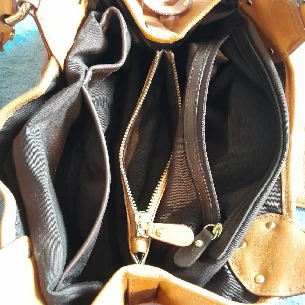 Antonio Melani Tan Leather Satchel Handbag with Gold Hardware Width 12in.